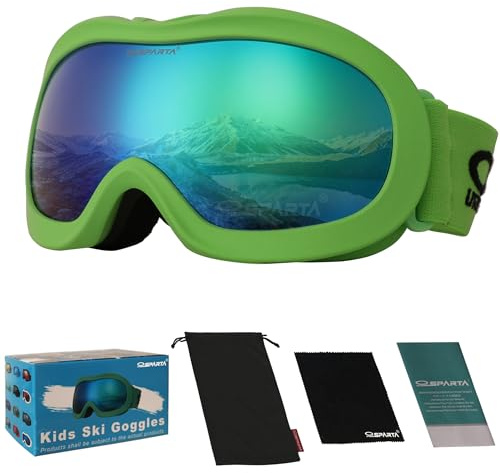OUTDOORSPARTA Gafas de esquí para niños, casco de snowboard, compatibles con niños y niñas, edad 3-12, con protección UV 100% (5. Marco Verde, Lente Completa Espejo Verde)