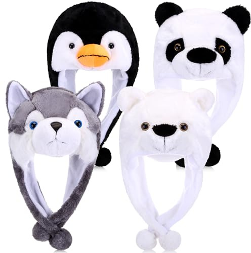 Toulite 4 Pcs Cute Plush Funny Animal Hats Funny Winter Hats with Delicate Animal Ear Straps(Vivid Style)