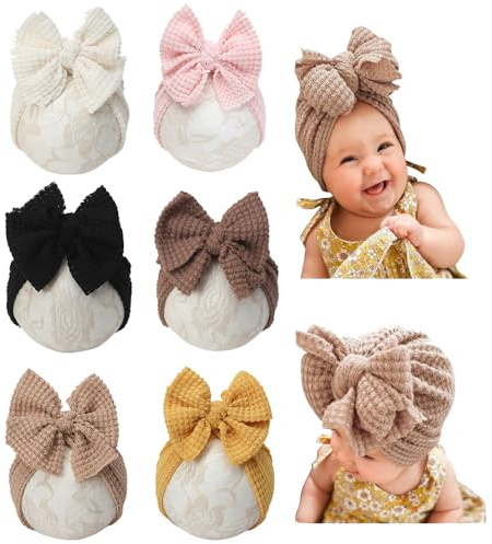 Esumun Baby Girl Hair Bow Hat, Waffle Knitting Turban Top Bowknot Head Wrap, Beanie India Cap for Infants Toddlers Girls 6 PCS (DNDC035)