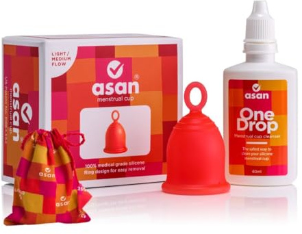 Asan Menstrual Cup (Light/Medium Flow) + OneDrop Cleanser, 60 ml Combo Pack | Easy to Insert, Remove & Sterilise | Leakproof, Reusable & Portable | Medical Grade Silicone I Eco Period Products
