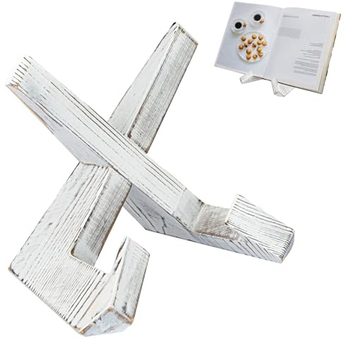 YUNKWONG Cross Design Cookbook Stand - Beautiful Wood Texture, Stable Structure - Wooden Recipe Book Holder- Multifunctional Display Stand, Kitchen Counter Decor - White