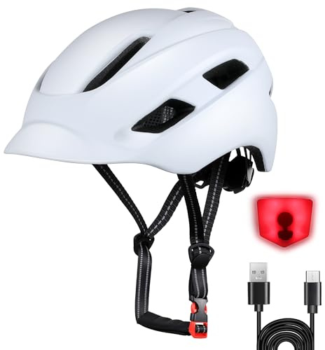 Bike Helmet, Adjustable Cycling Helmet with USB Rechargeable LED Light, Lightweight Bicycle Helmets for Adults, Breathable Mountain & Road Cycle Helmet for Men Women Fit Head Size 58-62cm