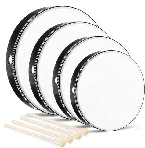 Tambor Pandereta,4 Pandereta Madera,Tambor Madera con Tambor Baquetas,Pandereta Madera Niños,Tambor Madera,Pandereta Instrumento Musical,Tambores de Mano de Percusión de Madera Infantil