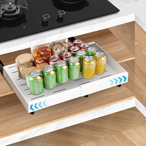 Bearrerp Teleskopschublade,Kohlenstoffstahl Ausziehbarer Schrank Organizer,Verstellbare Schubladenbreite 32–52 cm,Ausziehbare Schubladen im Küchenschrank,Kein Bohren,Nageln Erforderlich（Weiß）