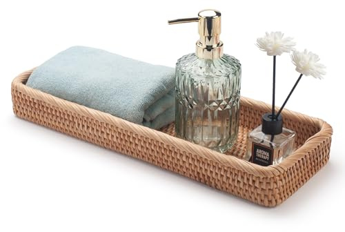 Rattan Badezimmer Tablett, Toilettentank Korb, Gewebter Badezimmer Aufbewahrungskorb zum Organisieren und Dekoration(Natürliche, 41.5 x 15.5 x 5 cm)