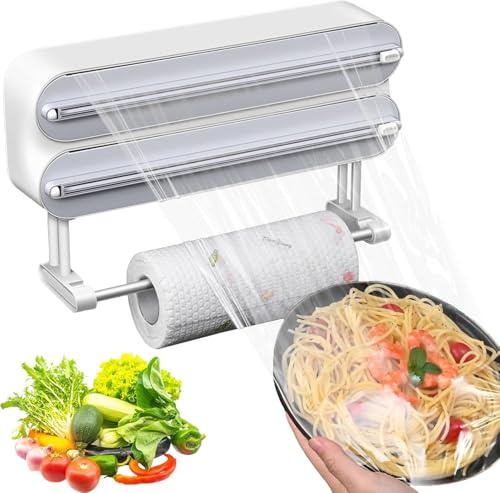 Dispensador magnético de plástico con cortador 3 en 1, dispensador de papel de aluminio con soporte para toallas de papel y cortador, cortador de película recargable, dispensador de papel de cocina,