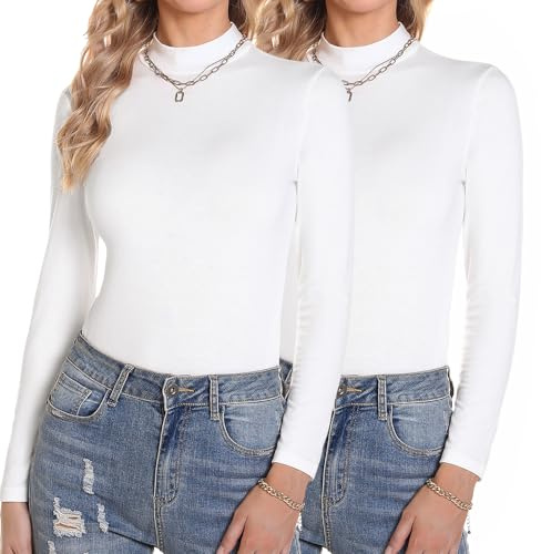 Aottori Camiseta Cuello Alto Mujer Pack de 2 Manga Larga Básica Top Elegante Sólido Camisa Casual Ligero Elástico Suave Interior Térmico T Shirt