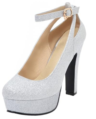 HSyc JRX Scarpe da sposa da donna con tacco alto a blocco, tacco alto con lacci glitterati, argento, 37 EU