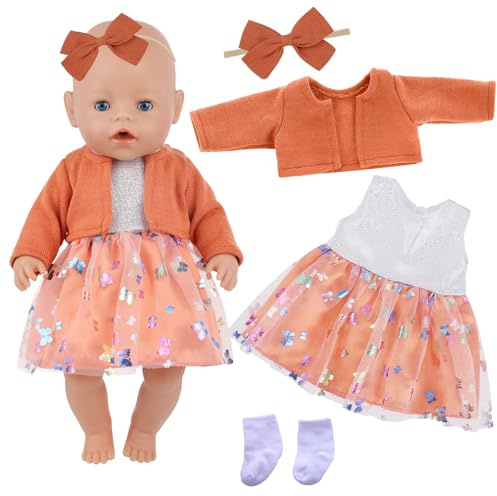 Vêtements pour poupées de 14 à 18 pouces - 4 pièces - Couleur orange - Tenue avec manteau orange - Jupe en tulle - Bandeau - Chaussettes pour poupées de 43 cm - 35-43 cm - Vêtements mignons