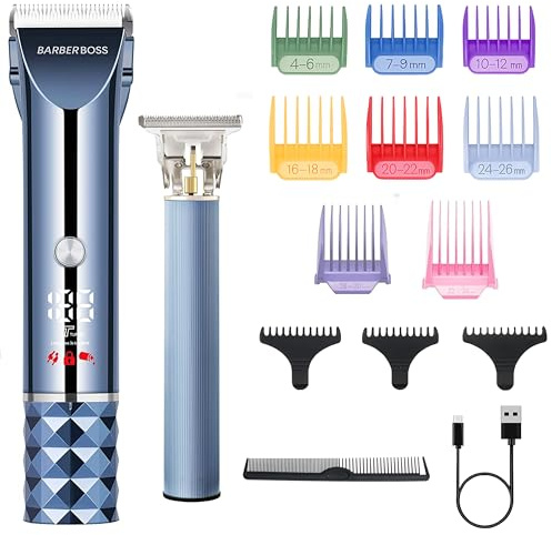 Barberboss Tagliacapelli e barba, Turbo per uomo, rifinitore LED senza fili, lama regolabile, ricarica rapida tramite USB e set di pettini a 8 lunghezze, kit per cura della barba da uomo
