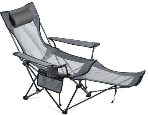 VEVOR Chaise de Camping Pliante, 4 Positions Réglables, Chaise Longue Inclinable Portable pour Adultes, avec Repose-Pieds, Appui-tête, Tissu Maille, Capacité Charge 100 kg, pour Plage, Terrasse, Gris