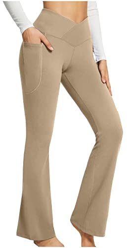 Leggings acampanados de estilo caliente europeo americano para mujer, pantalones de yoga de pierna ancha, pantalones de yoga con corte de barco deportivo delgado, caqui, L