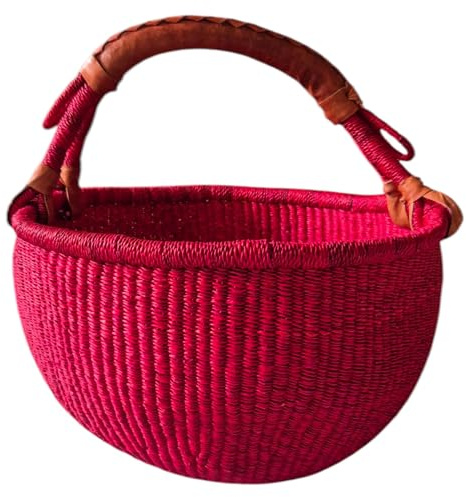 Grande cesto rotondo Bolga Ø 30 x 30 cm – originale in Ghana – fatto a mano – commercio equo e solidale – Cestino per la spesa con manico in pelle rosa