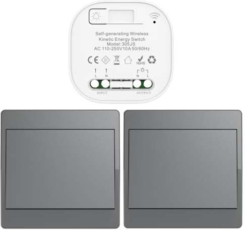 Cerhot gris Kit de interruptor cinético inalámbrico autoalimentado interruptores de luz teledirigidos RF interruptor cinético inalámbrico sin pila interruptores de radio inalámbricos (Gris 1Gang 2V1