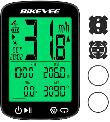 Bikevee Compteur Velo sans Fil, écran 2,4, rétroéclairage Vert, IPX7 | compteur velo gps, Suivi Température/Altitude/Pente, Démarrage/Arrêt Auto, Unités KMH/MPH