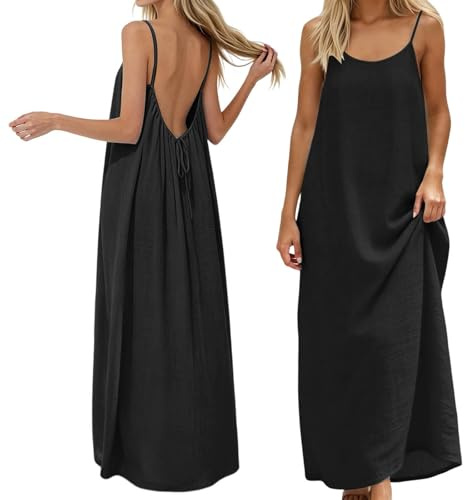 Vestiti Estivo Donna Abito con Schiena Scoperta Vestito da Mare Boho Chic Dresses Vestito Lungo con Spalline Sottili Elegante Abiti Cerimonia Caftano Scollato Senza Maniche Taglie Forti Tinta Unita