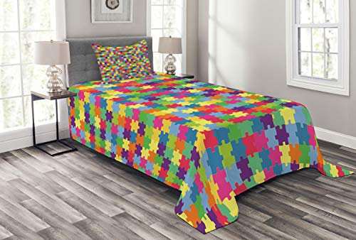 ABAKUHAUS Bunt Tagesdecke Set, Patchwork Puzzleteil, Set mit Kissenbezügen Sommerdecke, für Einzelbetten 170 x 220 cm, Mehrfarbig