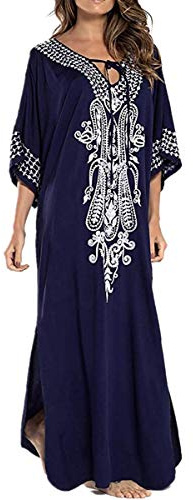 LikeJump Femmes Coton Robe Grande Taille Eté Caftan Longue Kimono Bikini Cover-Up Plage Tunique Maillot de Bain