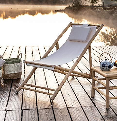 Dekoleidenschaft Liegestuhl aus Bambus & Canvas, Creme, klappbar, Campingliege mit 4-Fach Verstellbarer Rückenlehne, Gartenliege, Strandliege mit Abnehmbarer Kopfstütze, Relaxliege, Klappliege