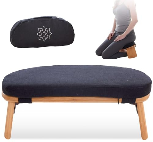 Mindful Modern Folding Meditation Bench - Bamboo Kneeling Stool w/Locking Magnetic Hinges - Prayer Kneeler Seiza Chair w/Soft Pillow & Travel Bag