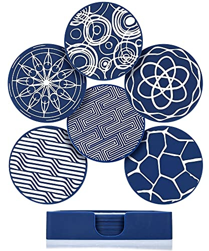 Drink Coasters Set of 6, Blue Round Silicone Rubber Cup Pad with Square Storage Box Non-slip Mug Mat Decorative Cup Coasters for Homes Bars Coffee & Most of Cups Beer Mug Wine Glass Bottle - 9.8cm