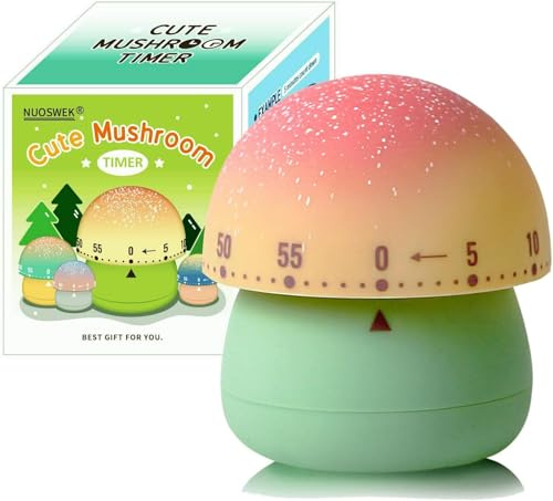 NUOSWEK Mechanical Kitchen Timer, Cute Mushroom Timers for Kids, Wind Up 60 Minutes Manual Countdown Timer for Classroom, Home, Study and Cooking (Green Base)