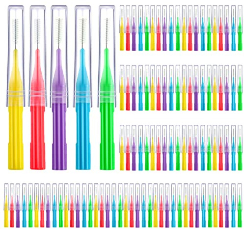 100 cepillos de frenos para cepillo interdental más limpio, cabezal de hilo dental, hilo dental de higiene bucal, herramienta de limpieza dientes flexible de 360° (azul, verde, rojo, morado, naranja)