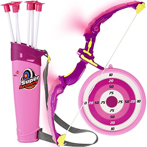 Teklemon Pfeil und Bogen Kinder Bogenschießen Set mit LED Lichter Bogen 6 Saugnäpfe Pfeilen 1 Zielscheibe und 1 Pfeil Halter Indoor Outdoor Schießen Training Spielzeug für Mädchen/Jungen ab 4 Jahre+