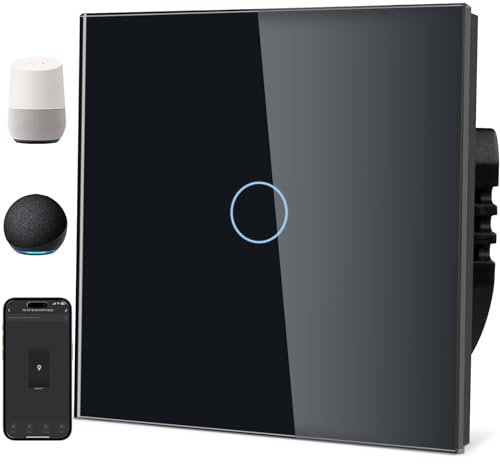 TAWOIA Smart Alexa Lichtschalter (Neutralleiter erforderlich), Wlan Lichtschalter mit Glasscheibe, Sprachsteuerung für Alexa, kompatibel mit Smart Life und Tuya App 1Fach 1Weg Schwarz