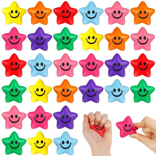 Koogel 32 Stück Stern Lächeln Gesicht Stressbälle, 5cm Stern Schaum Smile Ball Sternform Stressball Relief Stern Stress Ball Lächeln Stressball für Schule Belohnung Student Party Tasche Füllstoffe