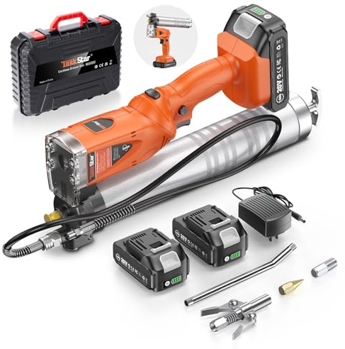 TaskStar Pompe a Graisse Electrique: 10000 PSI, 3 Embout Pompe à Graisse,2 Batteries et Chargeur, Tuyau de 39,4, d'une Capacité de 400g, Pistolet à Graisse 2-en-1 pour Un Graissage sans Effort