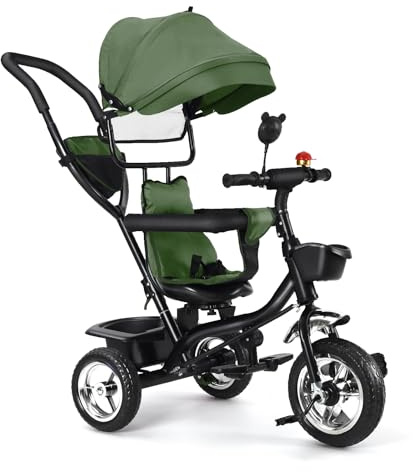 OHMG Triciclo bebé evolutivo 5 en 1 bicicleta. Silla de paseo con mango de empuje, toldo desmontable, cinturón de seguridad de 5 puntos, almacenamiento, reposapiés, freno, para niños de 1 a 5 años
