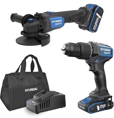 HYUNDAI 20V Max Akku-Werkzeugset | Schlagbohrschrauber + Winkelschleifer | bürstenloser Motor | Lieferumfang: HD20X-60, AG20X-115, 1 x 2.0Ah und 1 x 4.0Ah Akku, Ladegerät, Stofftasche