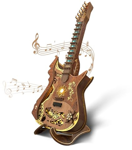 FUNPOLA Puzzle 3D en Bois Guitare à accords LED Kit – Modèle de Guitare Acoustique jouable avec lumières LED, Puzzle mécanique Musical DIY pour Adultes et Adolescents