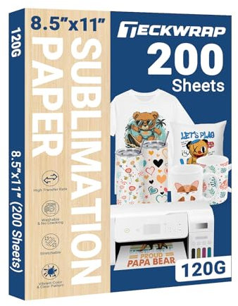 TECKWRAP Sublimation Paper 8.5 x 11 Inches 200 Sheets Compatible with Sublimation Printer and Sublimation Ink 120gsm for Mugs T-Shirts Light Fabric and Other Sublimation Blanks DIY