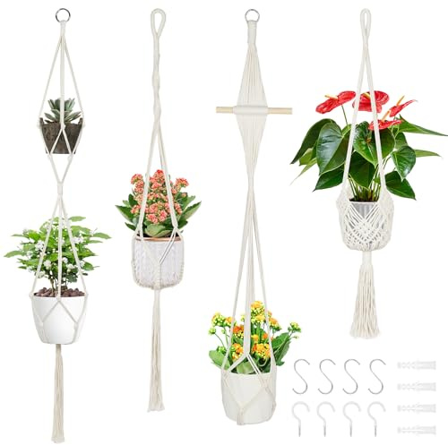 flintronic 4PCS Macramé Support Pots pour Fleur, Suspension Plante Macramé Corde de Coton Porte Décoration du Jardin Intérieur ave 4*Crochets Suspendu (Blanc)