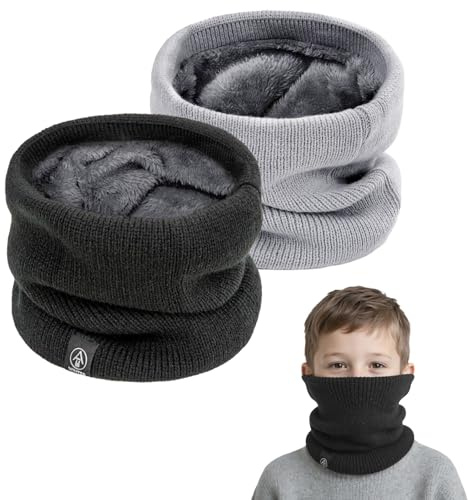 SEFIRST 2 Piezas Braga Cuello Niño, Invierno Lana Windstopper Snood Bufanda Calentador Tubular Cuello Térmica Resistente Bufanda Tubular de Punto Para Ciclismo Deportes de Running Esquí (Negro,Gris) ﻿