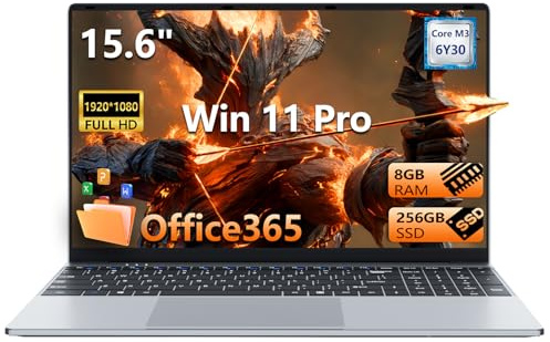 Ordenador Portáti 15,6 Pulgadas, PC Portátil Win 11 8GB RAM 256GB SSD, Laptop con Core M3 6Y30 Procesador, Computadora Portatil Delgada Pantalla FHD abatible de 180° Mini-HDMI 2*USB3.0 WiFi5 BT4.2