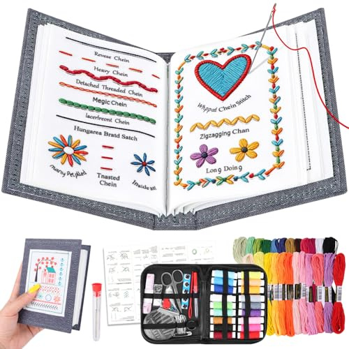 WDZGX Libro de Puntadas de Bordado Embroidery Stitch Book Kit Principiantes con Patrones & Herramientas de Costura para Principiantes Adultos Amantes de las Manualidades (Set E-1)