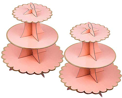 YAVO-EU 2 Pezzi Alzata per Cupcake Cartone 3 Piani, Supporti per Cupcake Supporto per Dessert Torte per Baby Shower, Compleanni, Feste (Pink)