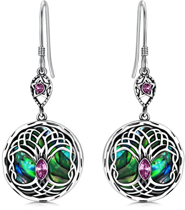 Pendientes Del árbol de la vida Celta de Plata de Ley 925, Regalos de Joyería de Cumpleaños para Mujeres (Amatista simulada)
