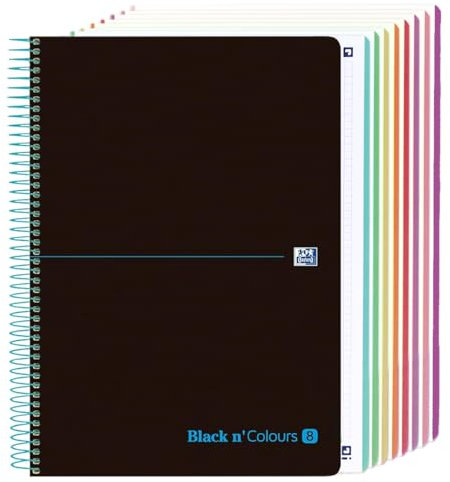 Oxford Notizbuch A4, 5 x 5, Kunststoffeinband, 8 Farbbänder, Mikroperforierte Blätter, Schwarz