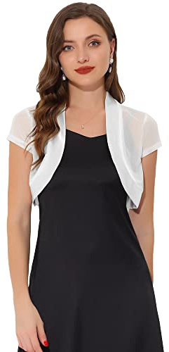 Allegra K Cardigan Court boléro en Satin à Manches Courtes Cache Epaule pour Femme Blanc M