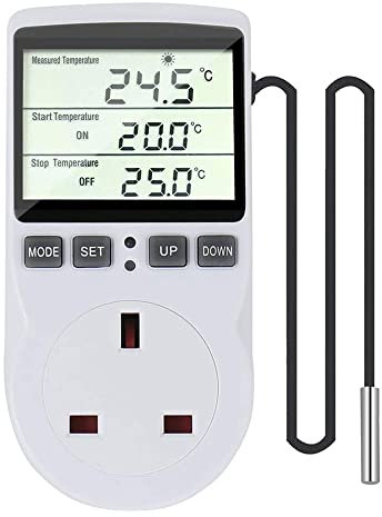 Lotvic Digital Temperature Controller, Thermostat Plug Socket, LCD Screen Heating Cooling Temperature Switch, Heating Cooling Timer for Homebrew Greenhouse Reptile Terrarium Home (UK Plug)