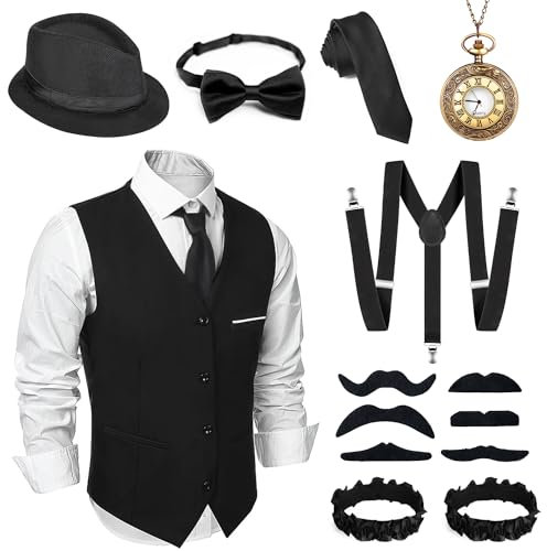 Alintor 20er Jahre Kostüm Herren, FaschingsKostüme Männer, Mafia Karneval Kostüm Herren, 20er Jahre Accessoires Panama Hut Weste Krawatte Fliege Hosenträger Kostüm Set(M)