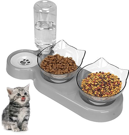 Tilted 15° Cat Bowl, Detachable Adjustable Cat Food Bowl with Stand, Cat Floating Water Bowl with Gravity Water Feeder, Anti-spill Pet Food Feeding Bowl for Cat and Puppy (grey)