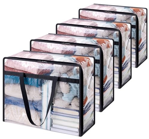 Lifewit 4 Pack Clear Plastic Storage Bags, 40L Foldable Clothes Storage Boxes Wardrobe Organizer Moving Bags with Reinforced Handle for Loft Wardrobe for Bedding Clothes Blanket Duvet