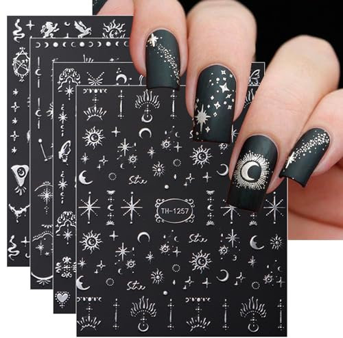 JMEOWIO Nagelsticker Mond Stern Sonne 8 Blatt Nail Art Sticker Selbstklebend Nagelaufkleber Bunt Dekoration Nageldesign Zubehör