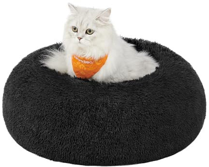Feandrea Hundebett flauschig, Katzenbett, Donut Kissen, waschbar, Polsterung in der Mitte herausnehmbar, Langer Plüsch, 50 cm Durchmesser, tintenschwarz PGW037B01