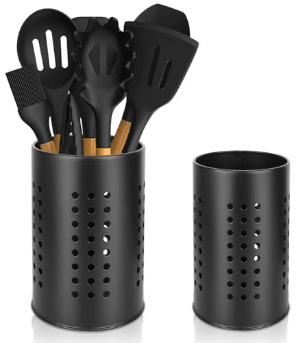 Scola Posate da Cucina, 2 Pezzi Portautensili Nero in Acciaio Inossidabile, Portautensili Silio, Grande Cestino Portaposate, Porta Utensili da Cucina, Porta Mestoli da Cucina per Utensili da Cucina